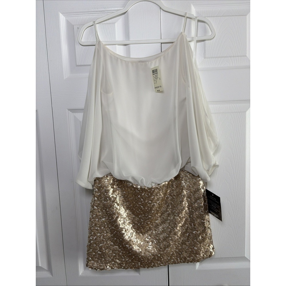 Arden B Cold Shoulder Sequin Mini Dress Womens Size M Ivory Gold Party Y2K New
